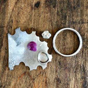 Pink Rose Cut Sapphire and Silver Succulent Ring, Size 7